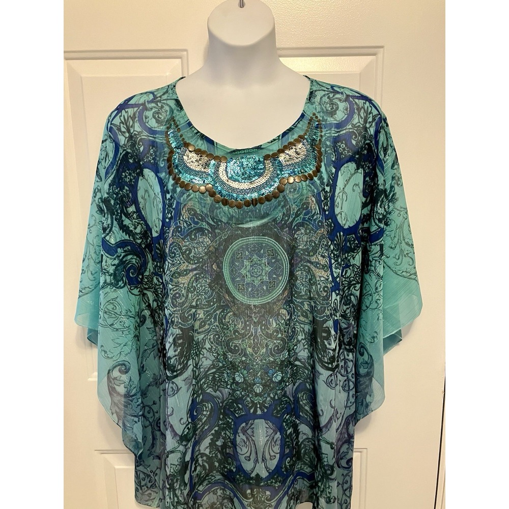 Chicos Aqua Blue Green‎ Studded Sparkly Boho Shirt Top Sz 3 Large Kaftan
